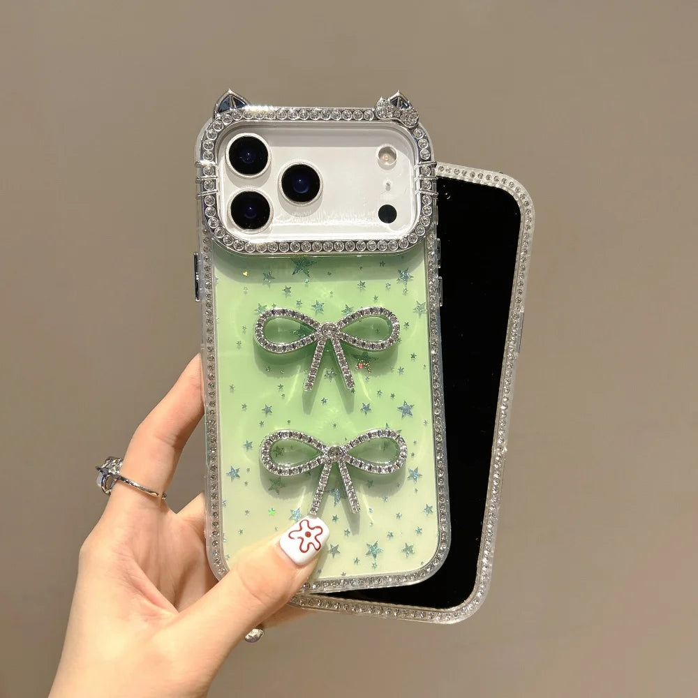 【猫耳シリーズ】ストーン付きリボン ラメデザイン キラキラスマホケース｜iPhone対応 #251203