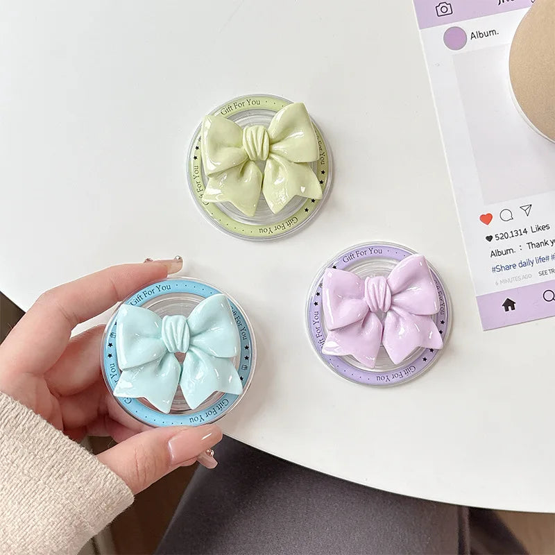 【スマホグリップ】立体リボン つやつや マカロンカラー マグネット対応 スマホスタンド #241111