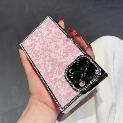 【スクエアシリーズ】大理石風 シェルパール キラキラビジュー スマホケース｜iPhone対応 #250817