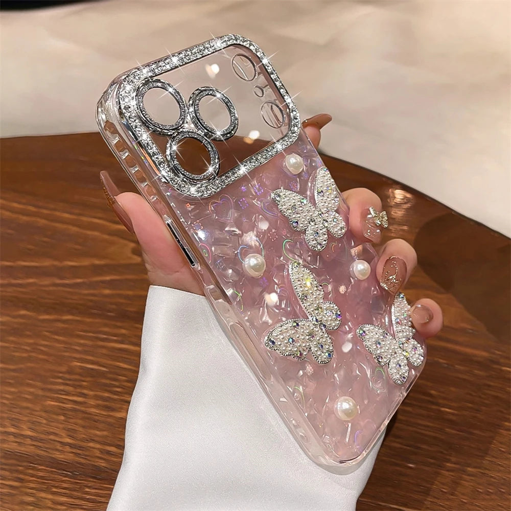【ジュエリーバタフライ】キラキラ 蝶モチーフ×パール デコレーション スマホケース｜iPhone対応 #250424