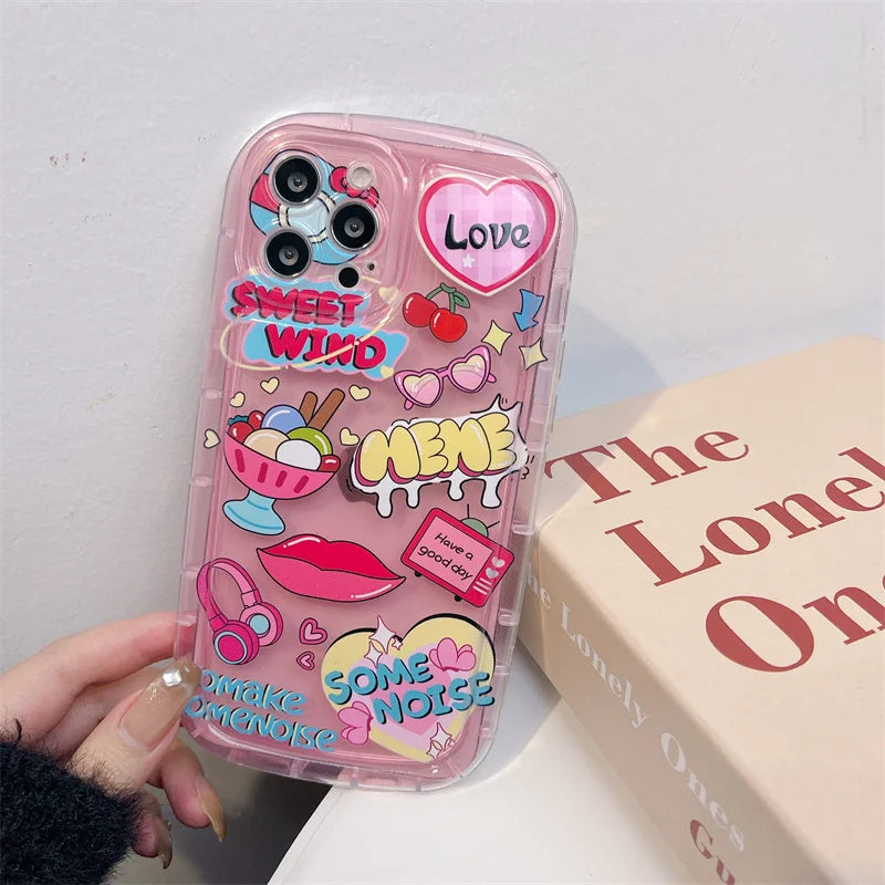 【ポップキュート Y2K】ステッカー風 デザイン ピンククリアケース｜iPhone対応 #250713