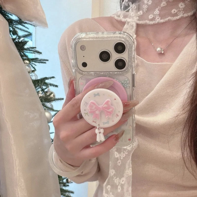 リボン総柄 クリアグリッター Magnetグリップ付き iPhoneケース #260213