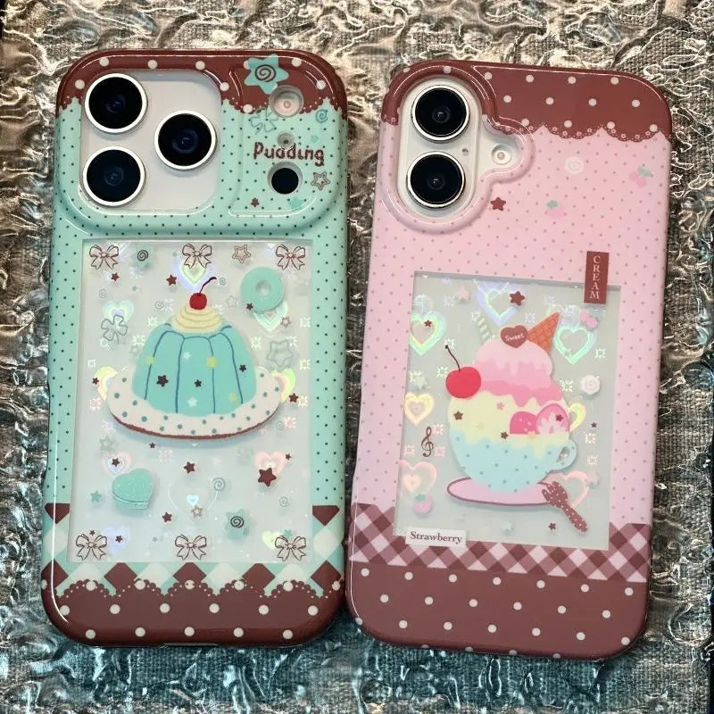 ネオレトロ 喫茶店風 iPhoneケース｜クリームソーダ＆プリン・キラキラデコレーション #260081