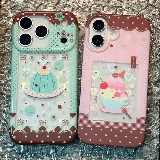 ネオレトロ 喫茶店風 iPhoneケース｜クリームソーダ＆プリン・キラキラデコレーション #260081