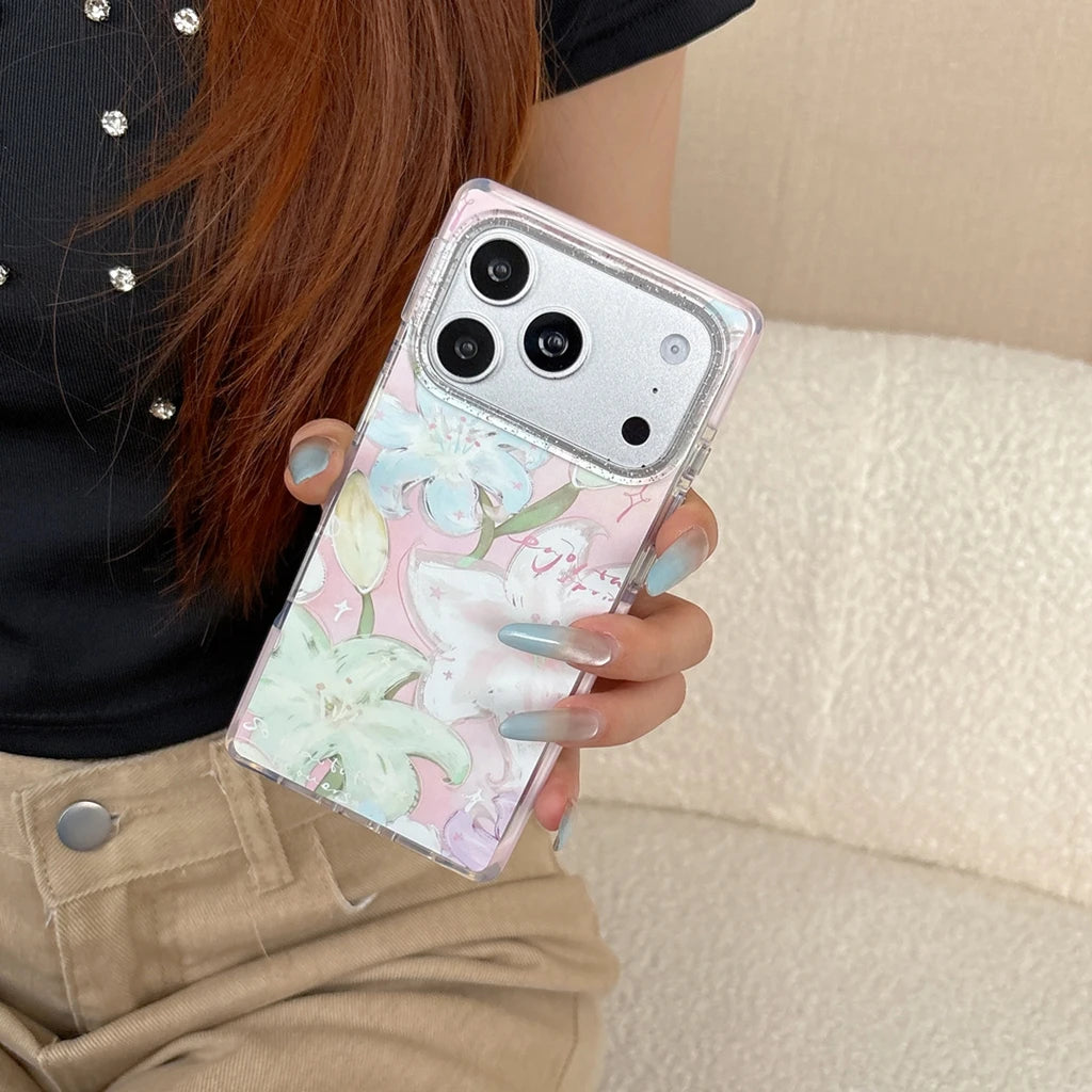 【ユリの花】iPhoneケース フラワーアート ピンク｜スクエアデザイン 花柄グリッター付きi #230823