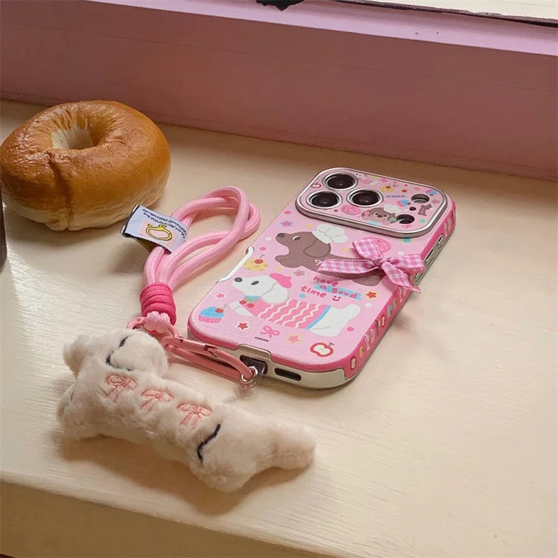 【スウィートダックス】チェックリボン×ドッグデザイン  ストラップ付き スマホケース｜iPhone対応 #241228