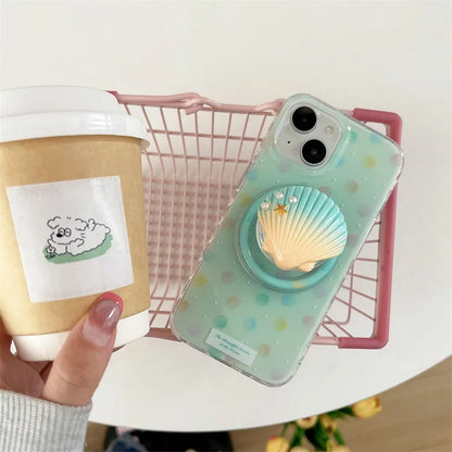 【マーメイドシェル】ドット＆貝殻スタンド付きクリアスマホケース｜iPhone対応 #250629