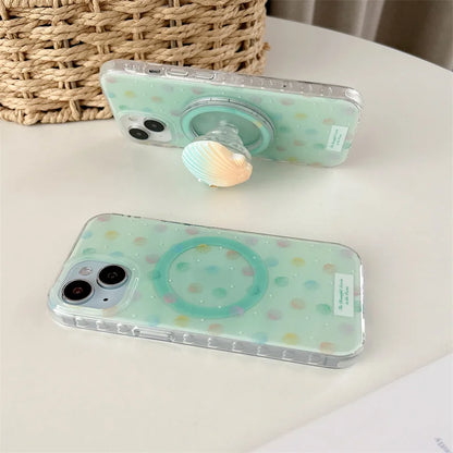 【マーメイドシェル】ドット＆貝殻スタンド付きクリアスマホケース｜iPhone対応 #250629