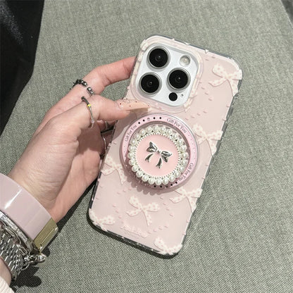 【リボンパールグリップ】ガーリ ピンクハート ケース｜iPhone対応 #250724