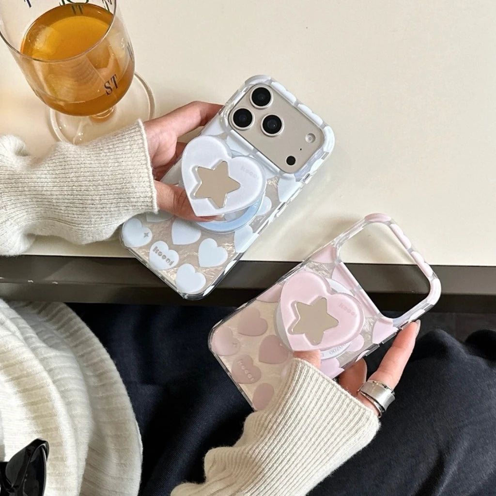 【Magsafe対応】ミラー付き ハートスターグリップ スマホケース｜iPhone対応 #250130