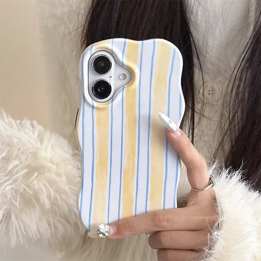 【ウェーブシリーズ】水彩風ストライプ 立体ぷっくりデザイン ウェーブフレーム スマホケース｜iPhone対応 #250905