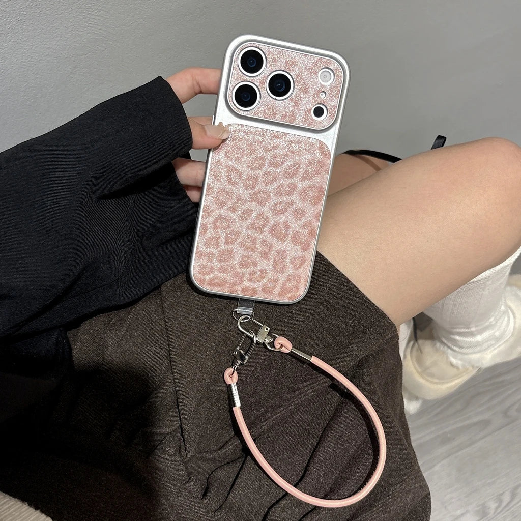 【アニマルムード】ピンク ブラウン レオパード ヒョウ柄 ストラップ付き スマホケース｜iPhone対応 #240710