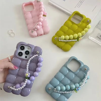 【ぽこぽこシリーズ】3D立体キューブデザイン ビーズストラップ付き スマホケース｜iPhone対応 #251027