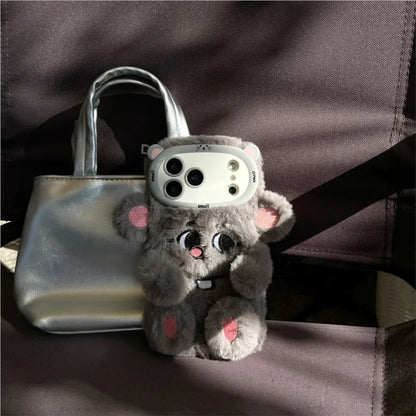 【アニマルフェイスシリーズ】グレーマウス スマホケース｜ふわもこ立体デザイン × キュートな耳付き｜iPhone対応 #241130