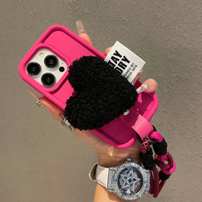 【もこもこハートチャーム】ショルダーストラップ付きスマホケース｜iPhone対応 #250809