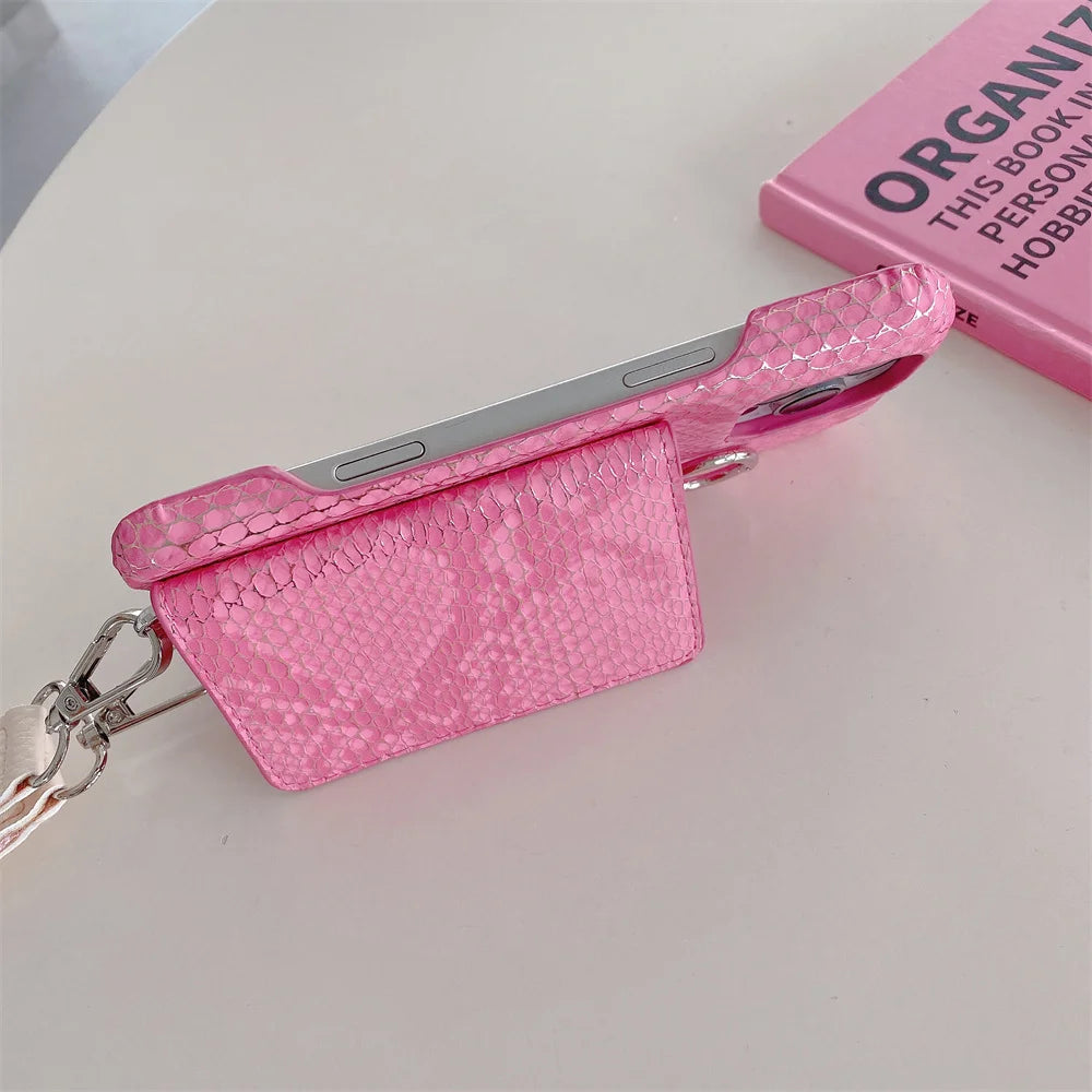 【スネークシリーズ】ヘビ柄 高見え ショルダーストラップケース ＋ カード収納 ミラー ミニポーチ #240916