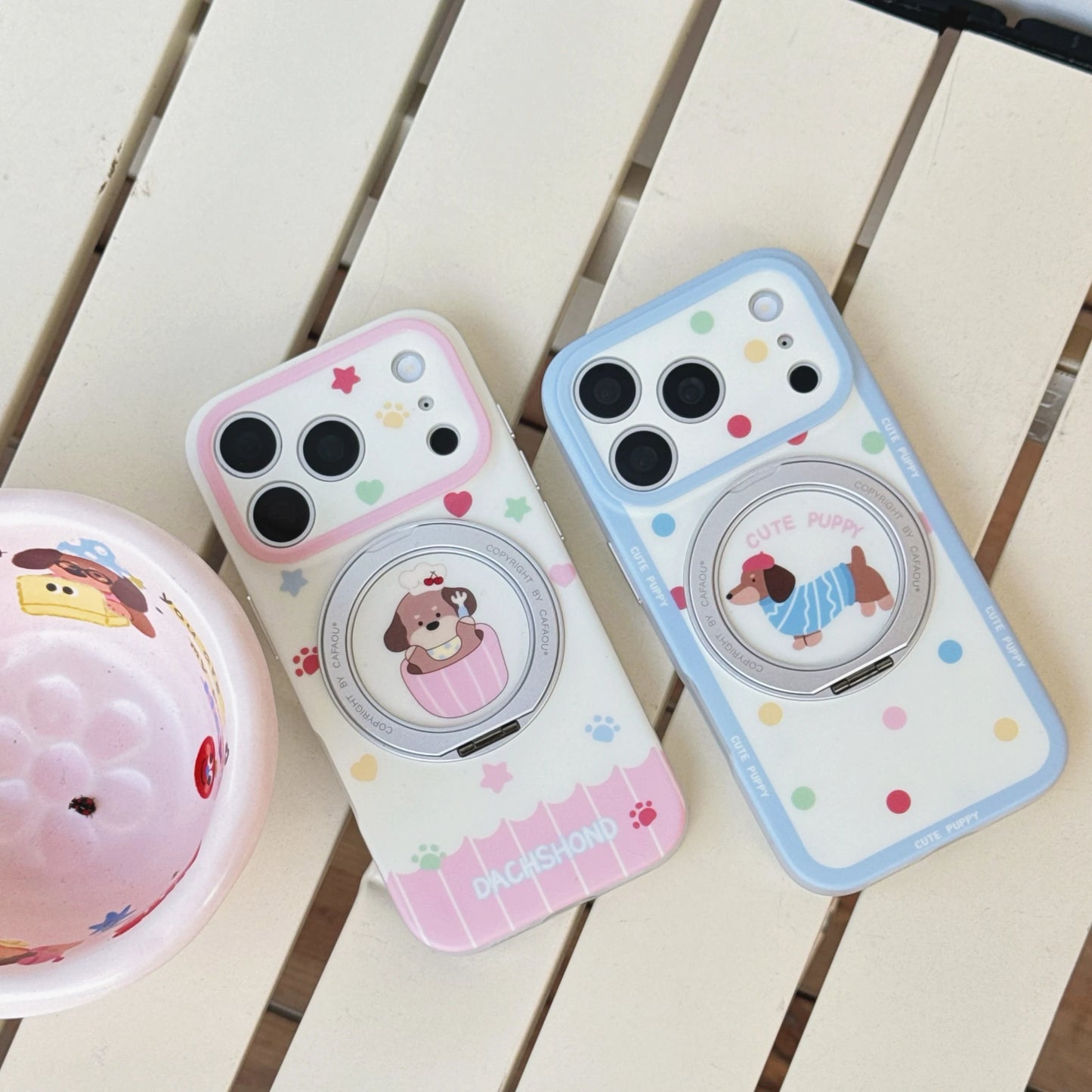 カラフルドット 水玉 ミニチュアダックス 360度回転 リングスタンド付き iPhoneケース #231209