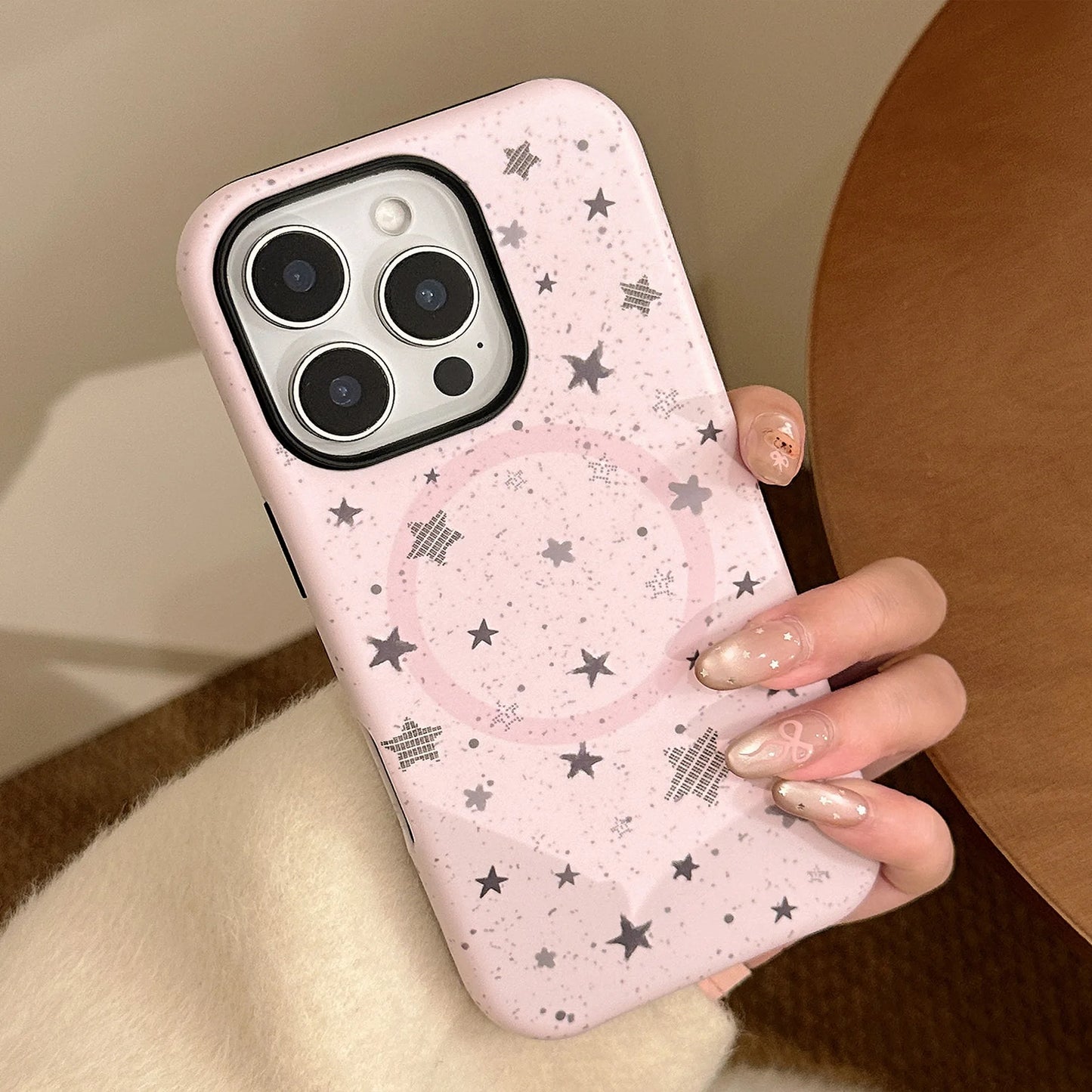 【マグネット式折りたたみハートスタンド付き】スプラッシュインク スター 星屑デザイン ハートリング付きスマホケース｜iPhone対応 #240629