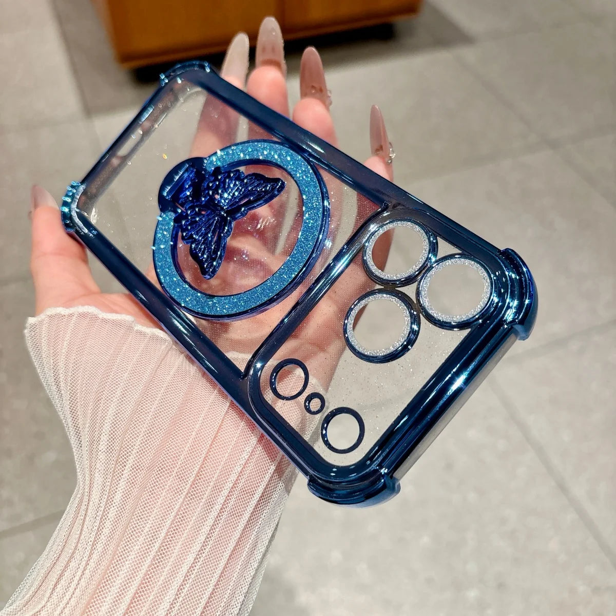 バタフライ キラキラ ラメリング付き Magnet内蔵 クリア iPhoneケース #260220