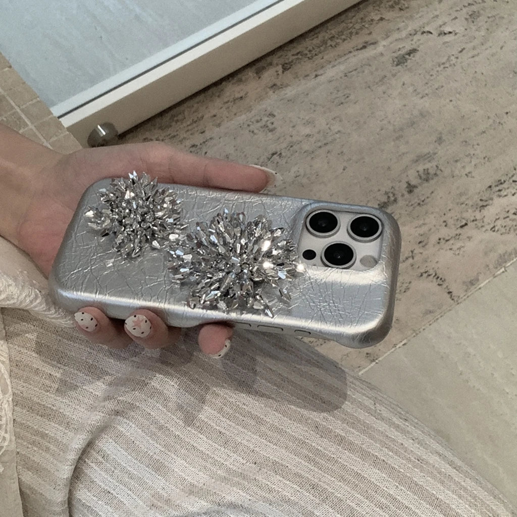【クリスタルブロッサム】キラキラ シルバー ビジュー ホルダー付き ラグジュアリー スマホケース｜iPhone対応 #250426
