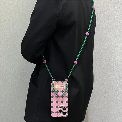 ドット ダイヤ柄 ピンク グリーン iPhoneケース｜ショルダーストラップ付き #240518