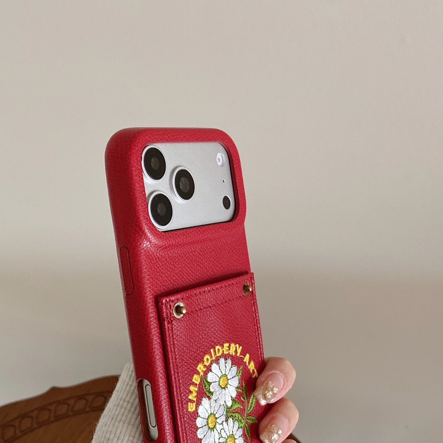 フラワー刺繍 ポケット付き レザー調 iPhoneケース #260613