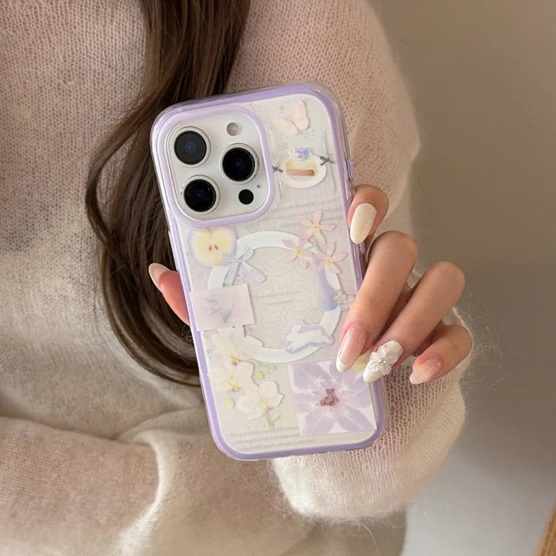 フラワーモチーフ パープル ゆり Magnet内蔵 立体グリップ付き iPhoneケース #231125