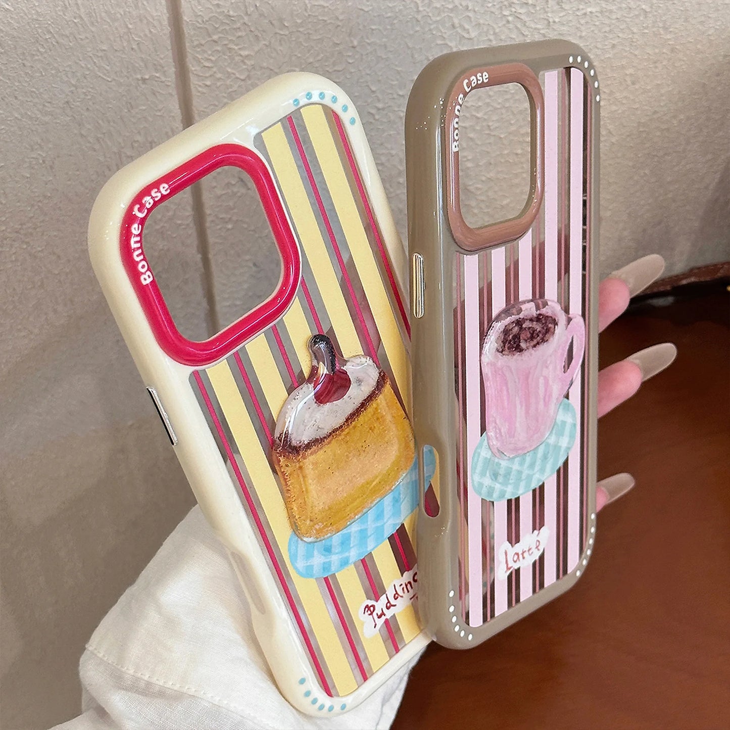 【カラフルストライプ】プリン ケーキ コーヒー スイーツ デザート アートスマホケース｜iPhone対応 #240925