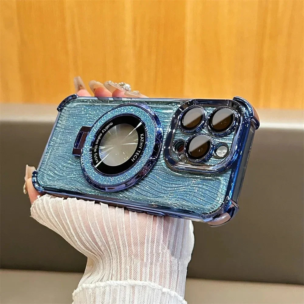 【Magsafe対応】高級感 ゴールド×ラメ リング付き iPhoneケース｜耐衝撃・スタンド機能・キラキラデザイン｜iPhone対応 #250407