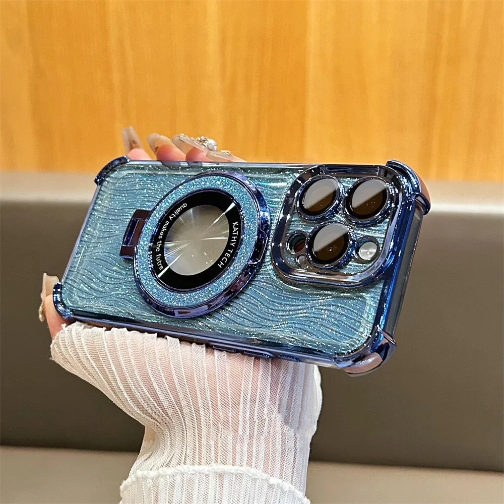 【Magsafe対応】高級感 ゴールド×ラメ リング付き iPhoneケース｜耐衝撃・スタンド機能・キラキラデザイン｜iPhone対応 #250407