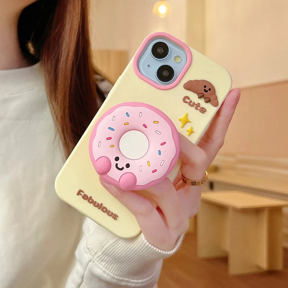 【ぷっくり3Dシリーズ】ドーナツ×プリン×プレッツェル 立体スイーツ ポップソケット スマホケース｜iPhone対応 #250212