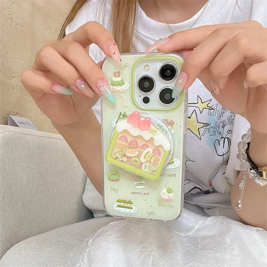 【抹茶×いちごケーキ】ホルダー付き スイーツ スマホケース｜iPhone対応 #250725