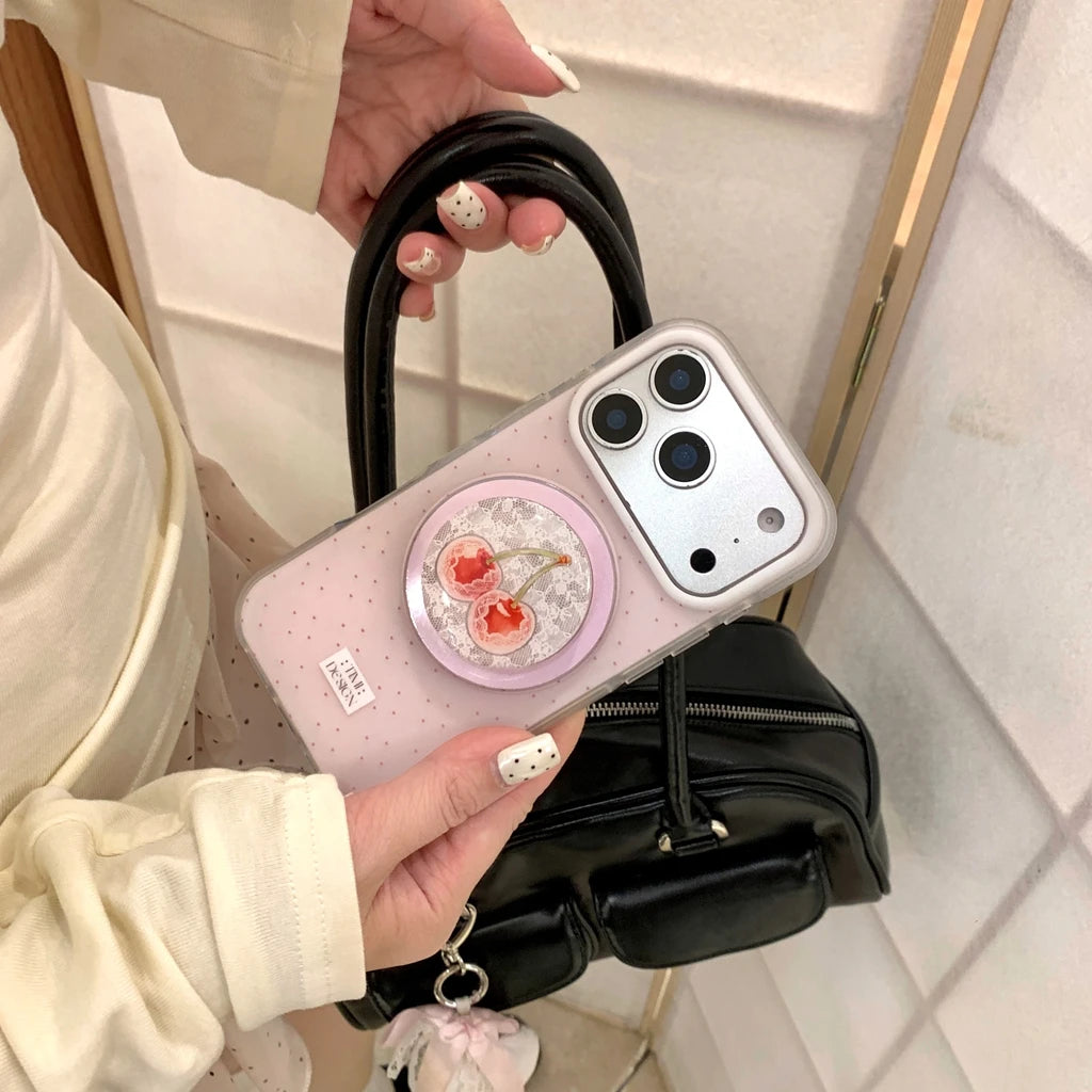 チェリーグリップ ドット柄 ピンク Magnet内蔵 iPhoneケース｜淡色・ガーリー #260047