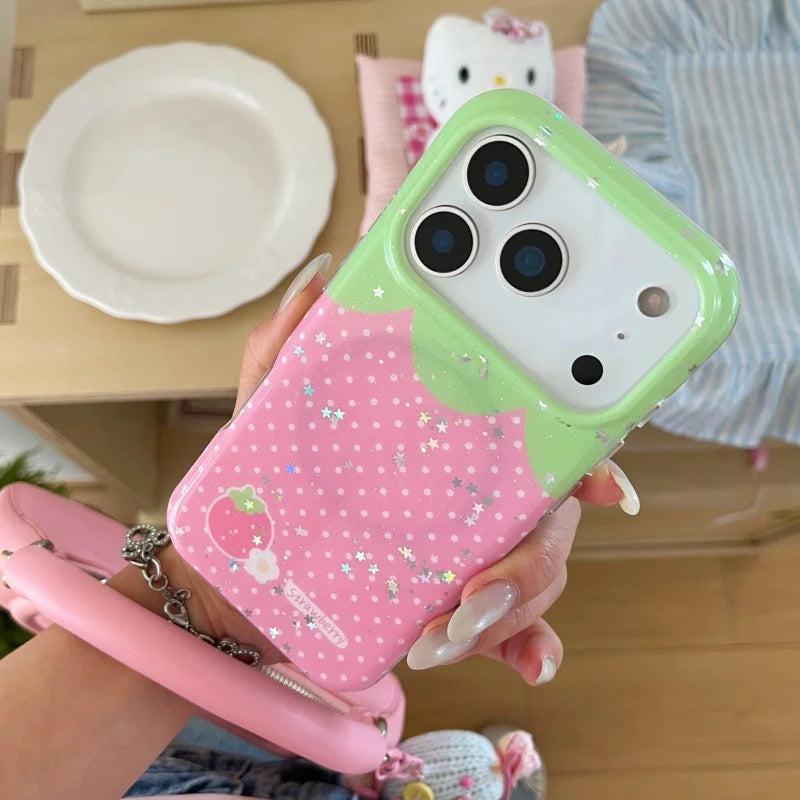 ストロベリードット ミラーグリップ付き iPhoneケース｜いちごイラスト・3Dフルーツグリップ #240429