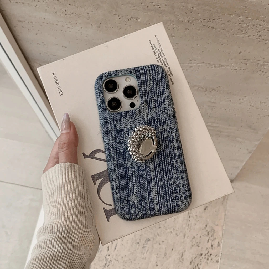 【デニムパール】ヴィンテージ デニム調 パール ビーズリング スタンド スマホケース｜iPhone対応 #250420
