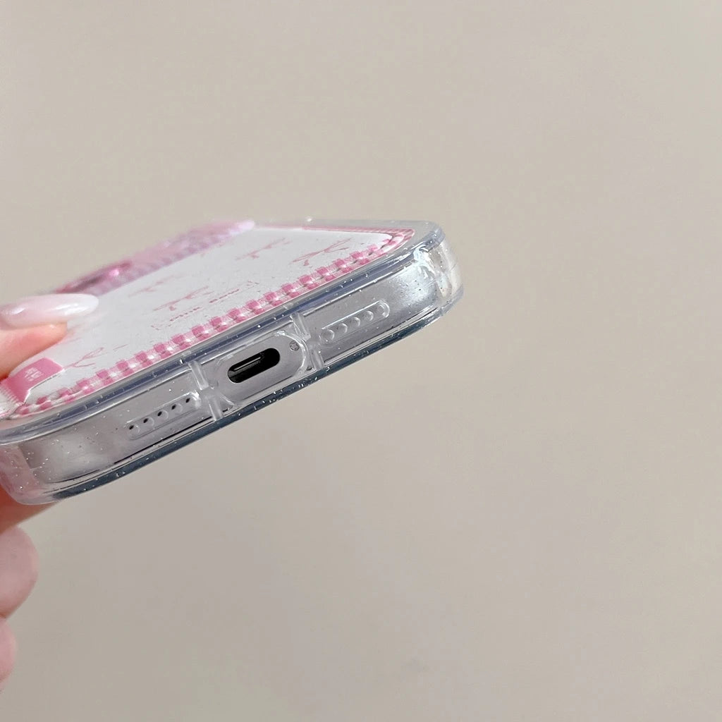 【ピンクギンガムチェック】リボン柄 折りたたみ式ホルダー付き スマホケース｜iPhone対応 #240622