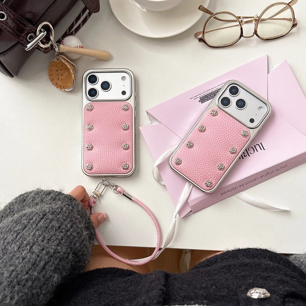 【ローズスタッズ】シルバーフレーム ピンク レザー風 ストラップ付き ケース｜iPhone対応 #240924