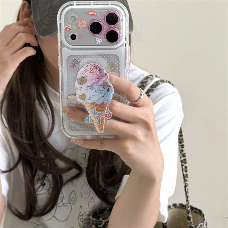 アイスクリーム 透明感クリア スタンドグリップ付き iPhoneケース｜ガーリー・デコ風 #260023