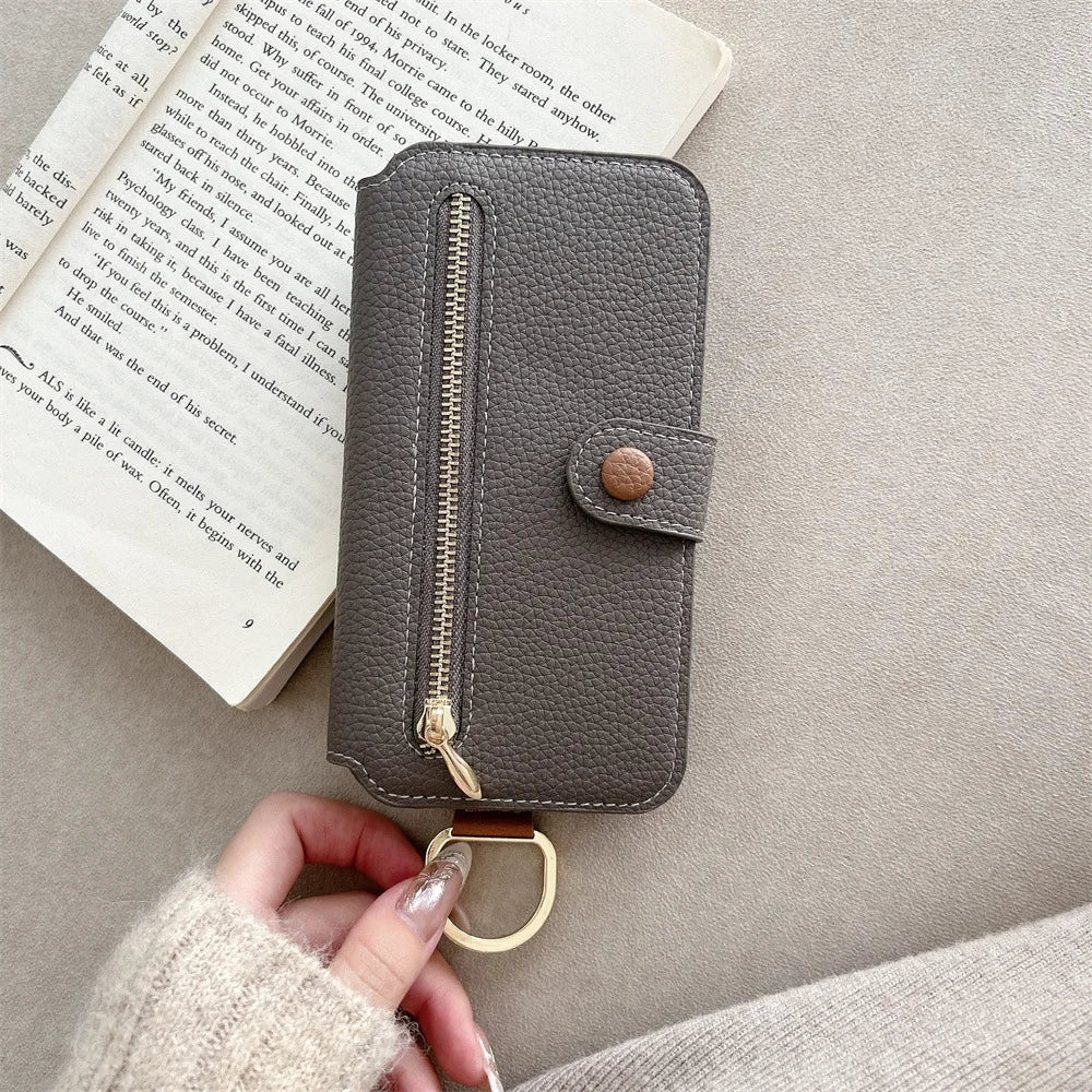【ブックスタイル】キーリング付き レザー調 財布一体型 手帳型 iPhoneケース｜ファスナー収納・多色展開 #240128
