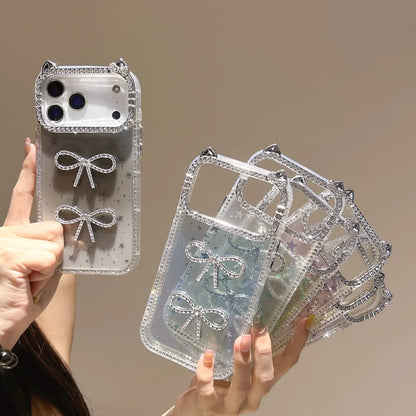 【猫耳シリーズ】ストーン付きリボン ラメデザイン キラキラスマホケース｜iPhone対応 #251203