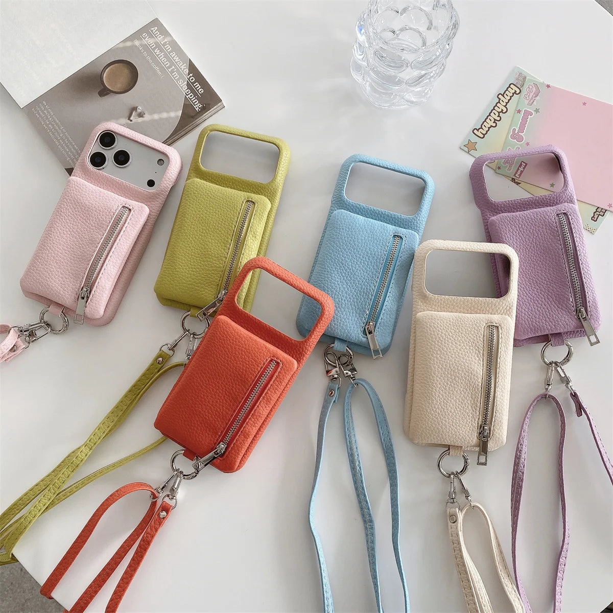 【ミニウォレットジップ】ファスナーポケット × レザー調 スマホケース｜iPhone対応 #240804