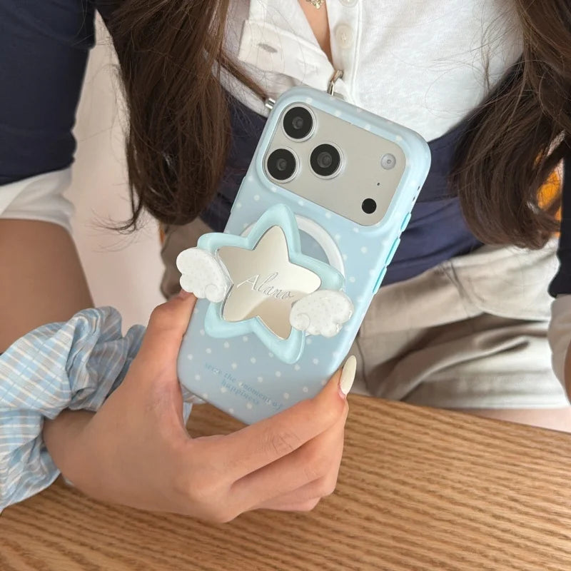 羽根つきスター ミラーグリップ 水玉×ブルー Magnet内蔵 iPhoneケース｜淡色ゆめかわ・韓国っぽ #260017