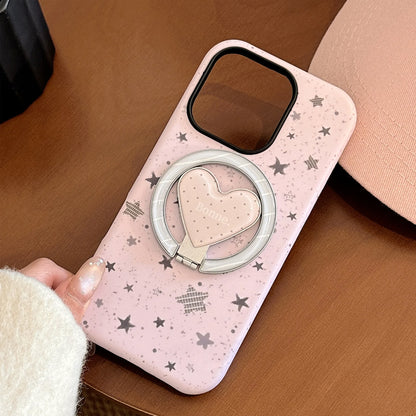 【マグネット式折りたたみハートスタンド付き】スプラッシュインク スター 星屑デザイン ハートリング付きスマホケース｜iPhone対応 #240629