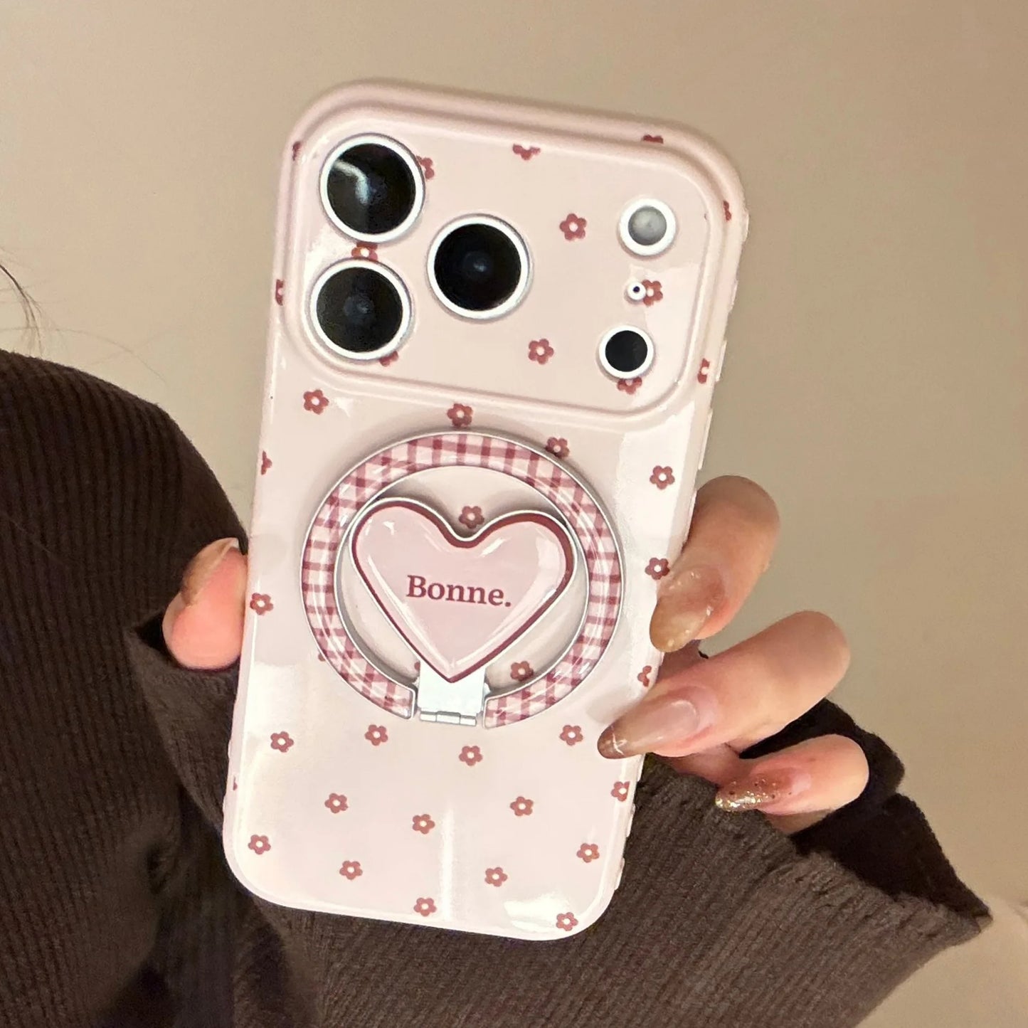 【マグネット式折りたたみハートスタンド付き】リボン × プチフラワー 小花 ハートスタンドスマホケース｜iPhone対応 #240628