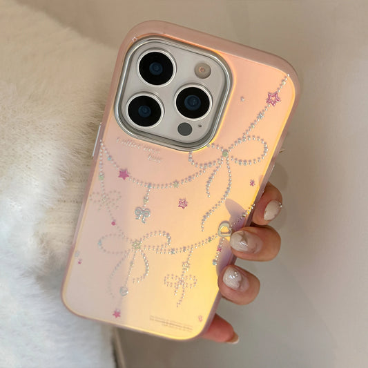 ビジューリボン 韓国風 iPhoneケース｜オーロラピンク #240515