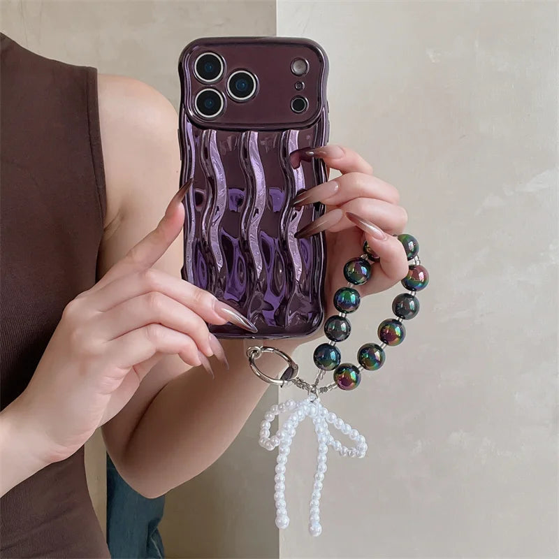 【ウェーブフレーム】パールチャーム付き スマホケース｜iPhone対応 #241217