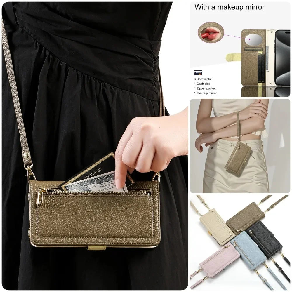 【ブックスタイル】レザー調 財布一体型 手帳型 iPhoneケース｜ファスナー収納・ミラー付き #240201