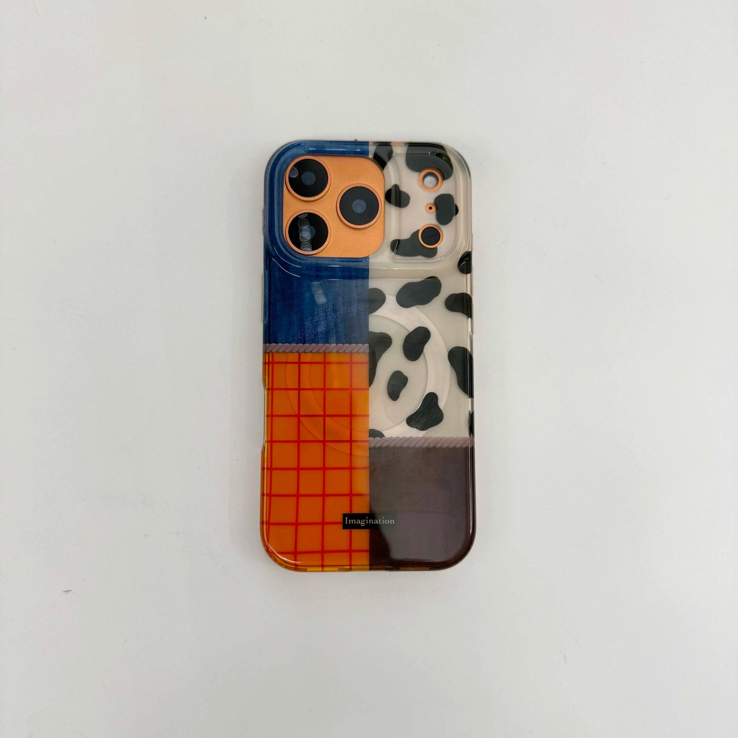 【カウパッチワーク】デニム×チェック×アニマル柄 スマホケース｜iPhone対応 #250123