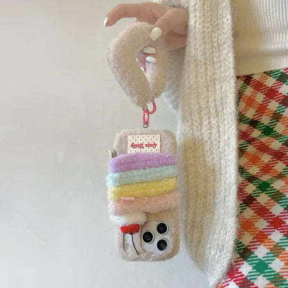 【スイーツモチーフシリーズ】レインボーケーキ ＆ ハンバーガー スマホケース｜ふわもこ立体デザイン × ハンドストラップ付き｜iPhone対応 #241201