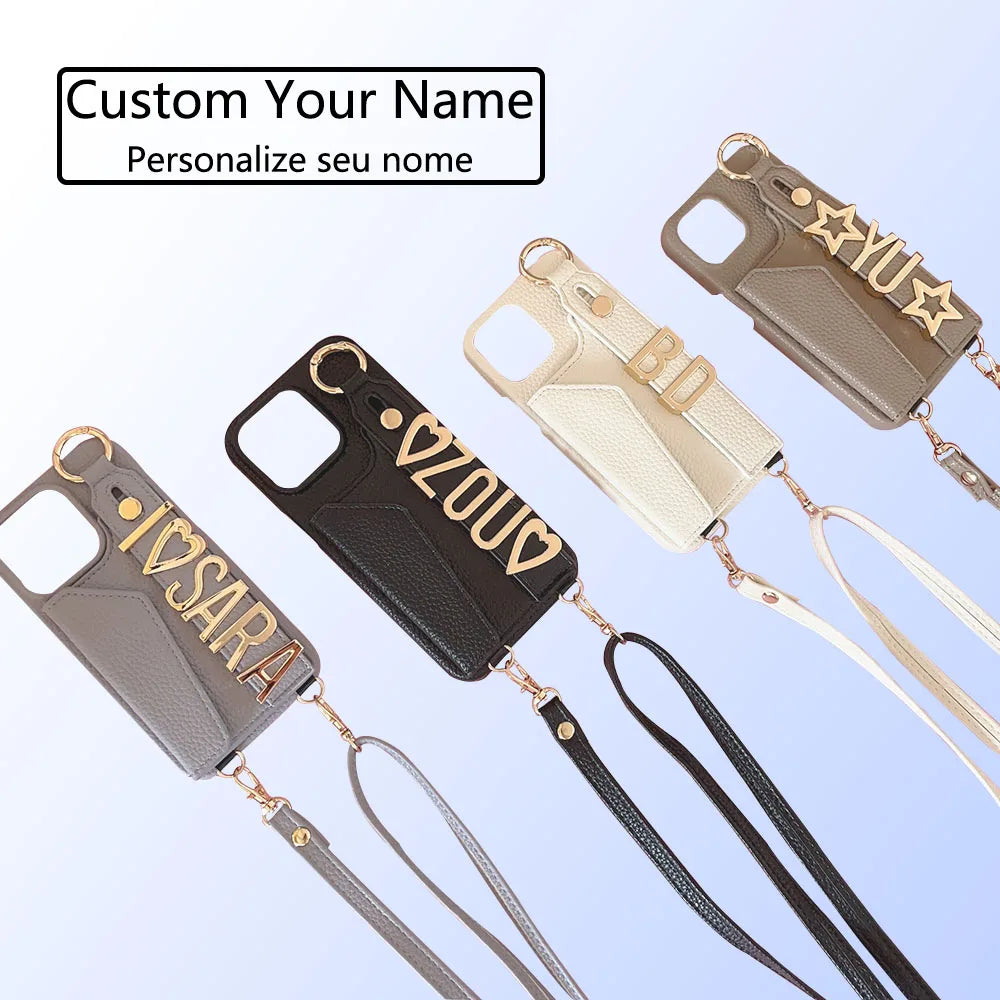【カスタムシリーズ】ゴールドネームプレート ショルダーストラップ付き レザー調 iPhoneケース  ｜iPhone対応 #240712